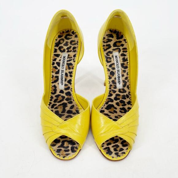 Manolo Blahnik Retro Yellow Risa Leather Peep Toe D'Orsay Heels size IT 37 - Picture 6 of 13